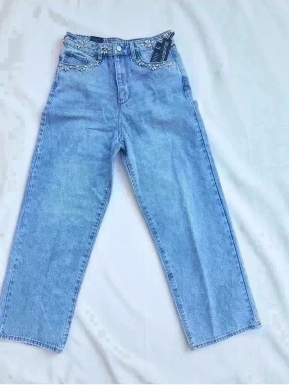 Blank NYC Light Blue High-Rise Jeans with Crystal Embellishment